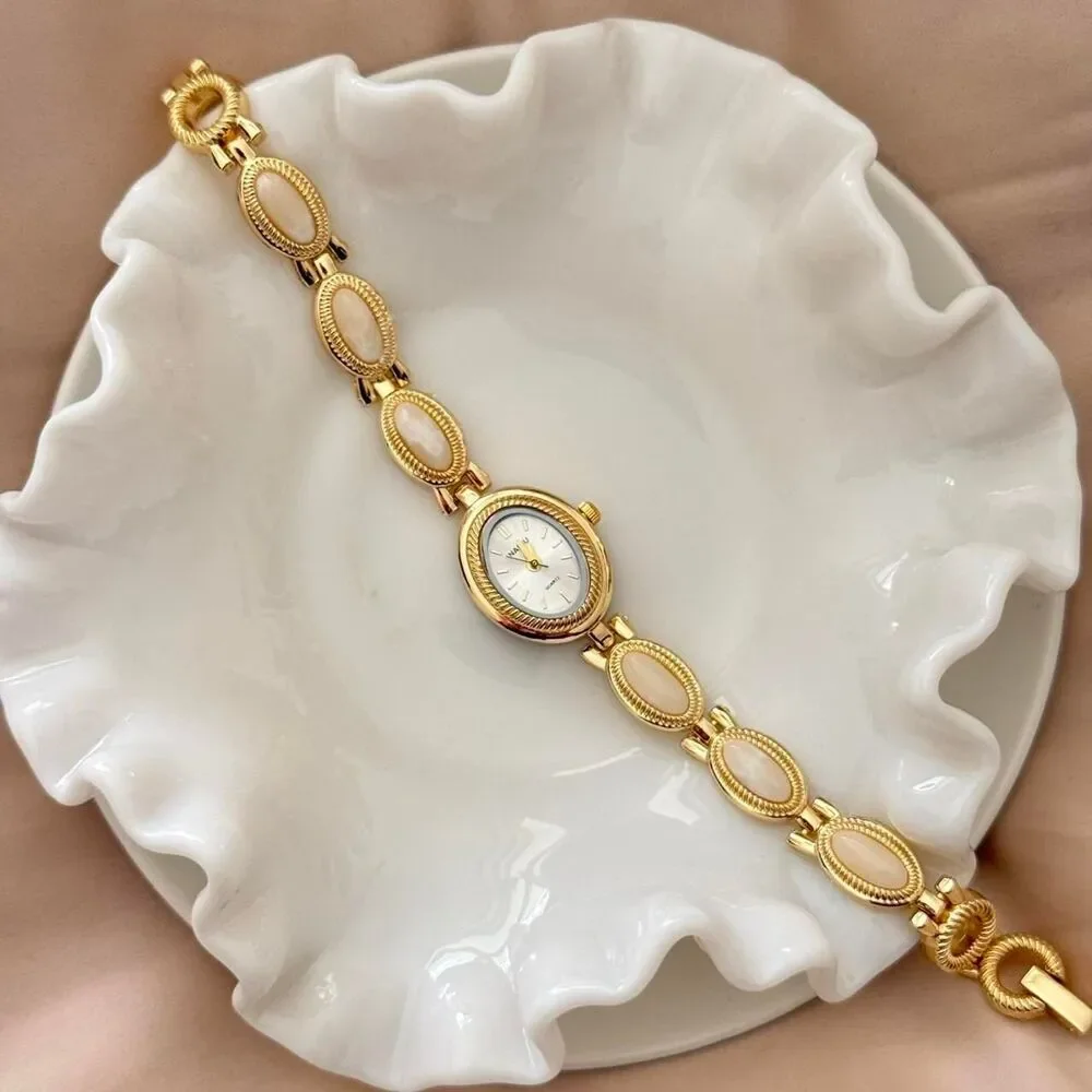 y2k dainty gold and white stone round stainless steel charm watch